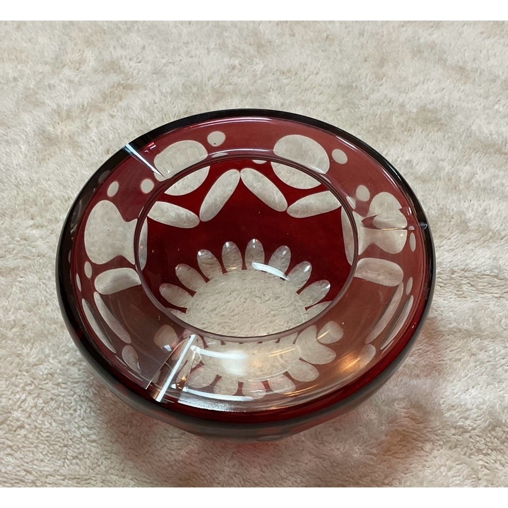 Ruby Red Cut Glass Ashtray Egerman Bohemian Czechoslovakian Art Glass